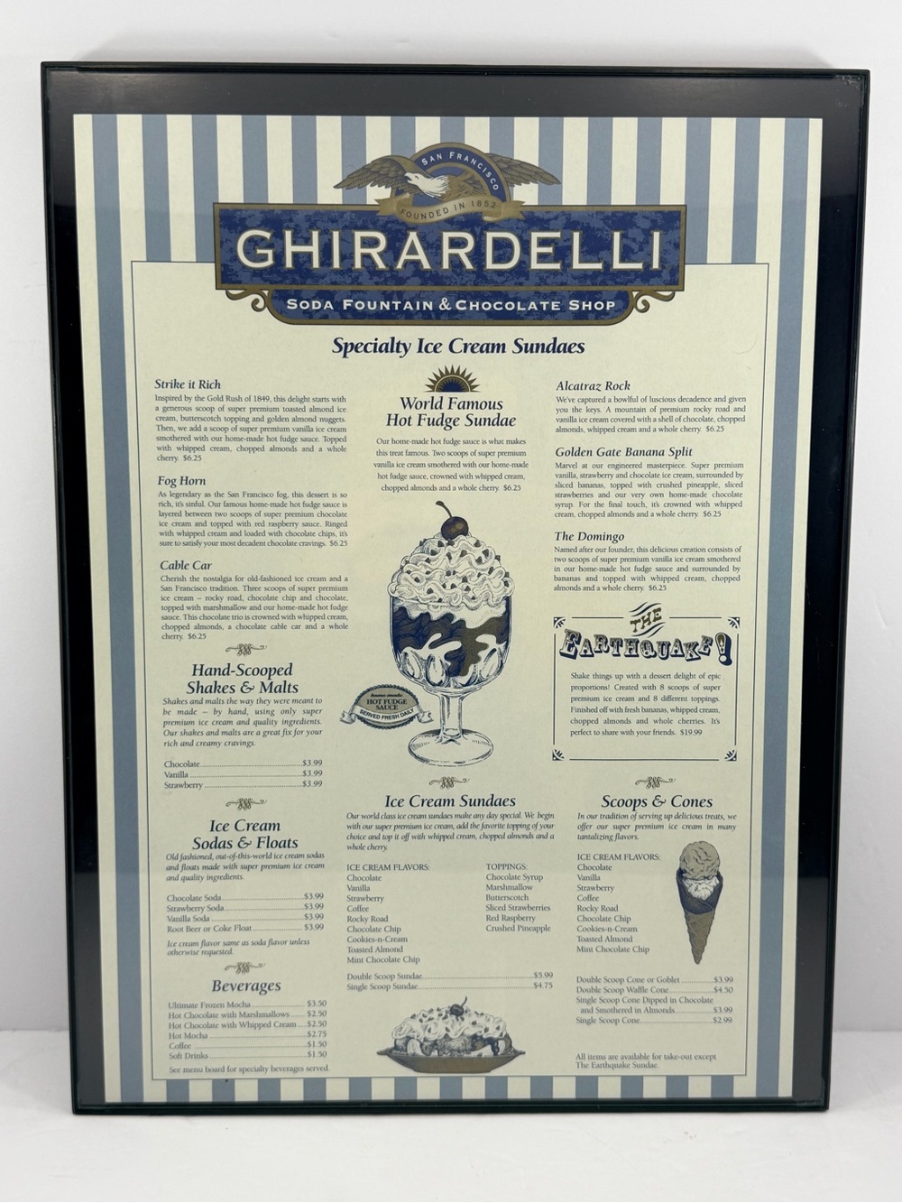 VTG Style Ghirardelli Soda Fountain Menu Framed Poster Retro Diner Decor 16x12